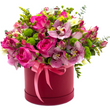 Red hatbox of pink. green and yellow flowers